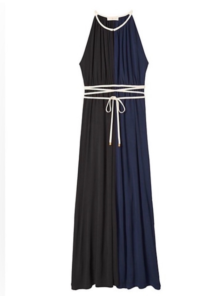 Tory Burch S Two-Tone Navy And Black Maxi Dress With White Rope Belt Size S/P